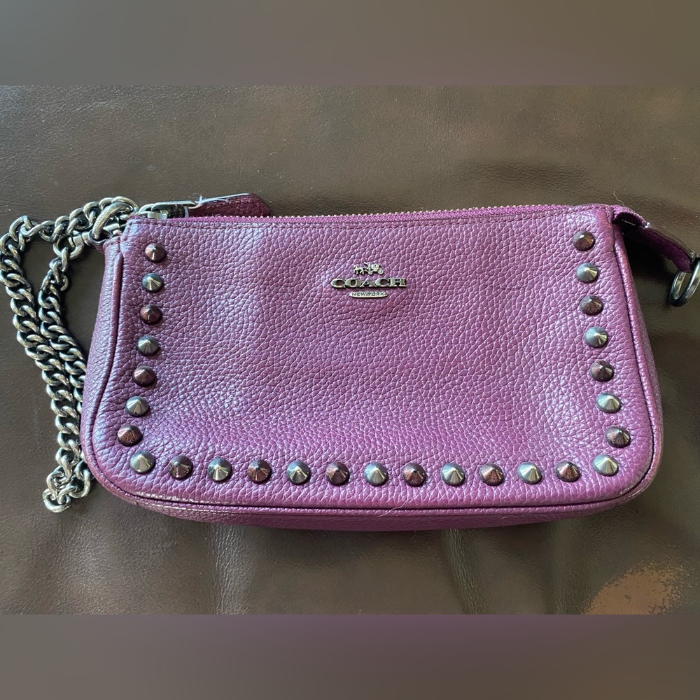 Coach purple wristlet with silver chain